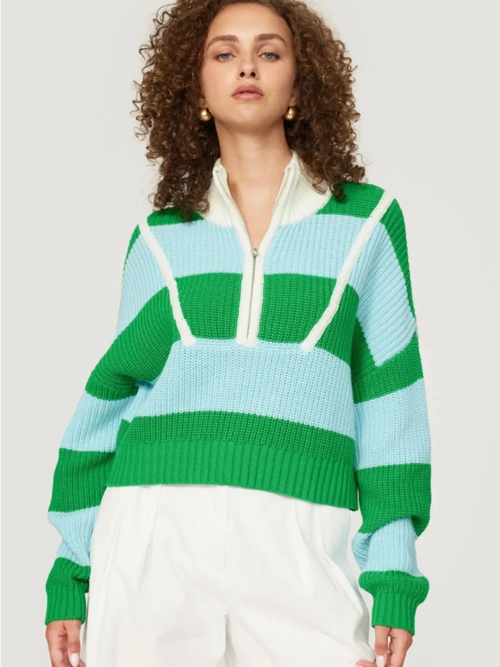 STAUD Cropped Hampton Sweater Grass/Shallow Rugby Stripe